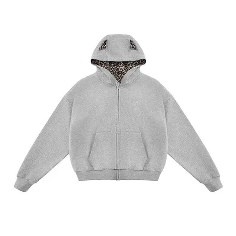 Women's Retro Leopard Print Zip-up Hoodie - Grey - XL - image 8