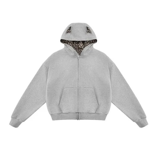 Women's Retro Leopard Print Zip-up Hoodie - Grey - 2XL - image 6