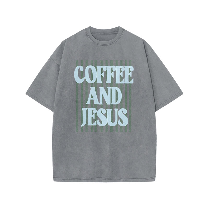Unisex 100% Cotton Coffee And Jesus Print Acid Washed T-shirt - Grey - US20-22(3XL) - image 5