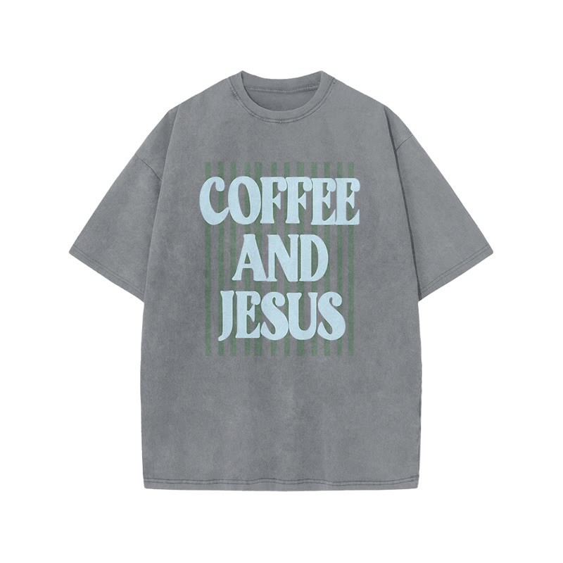 Unisex 100% Cotton Coffee And Jesus Print Acid Washed T-shirt - Grey - US20-22(3XL) - image 5