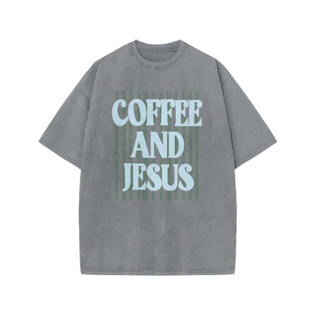 Unisex 100% Cotton Coffee And Jesus Print Acid Washed T-shirt - Grey - US20-22(3XL) - image 5