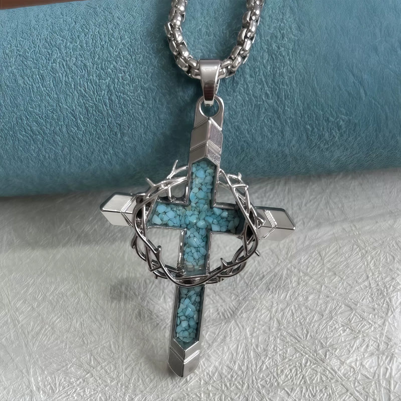 Faith Turquoise Crown Of Thorns Cross Necklace - Silver - 51-60cm - image 3