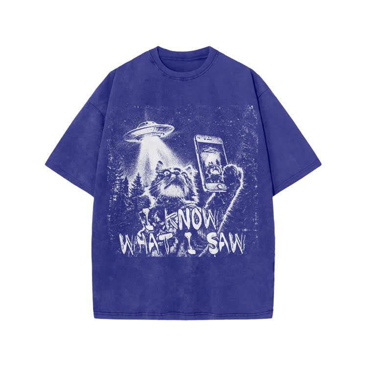 Vintage UFO Cat  I Know What I Saw Graphic Washed T-Shirt - Blue - US20-22(3XL) - image 4