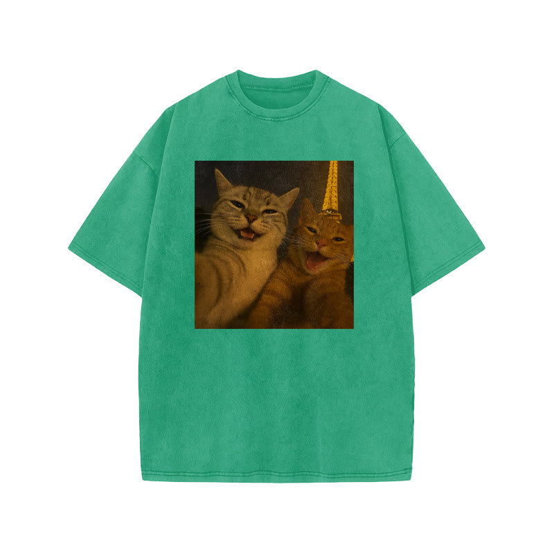 Unisex 100% Cotton Selfie Cat Print Acid Washed T-shirt - Green - US20-22(3XL) - image 6