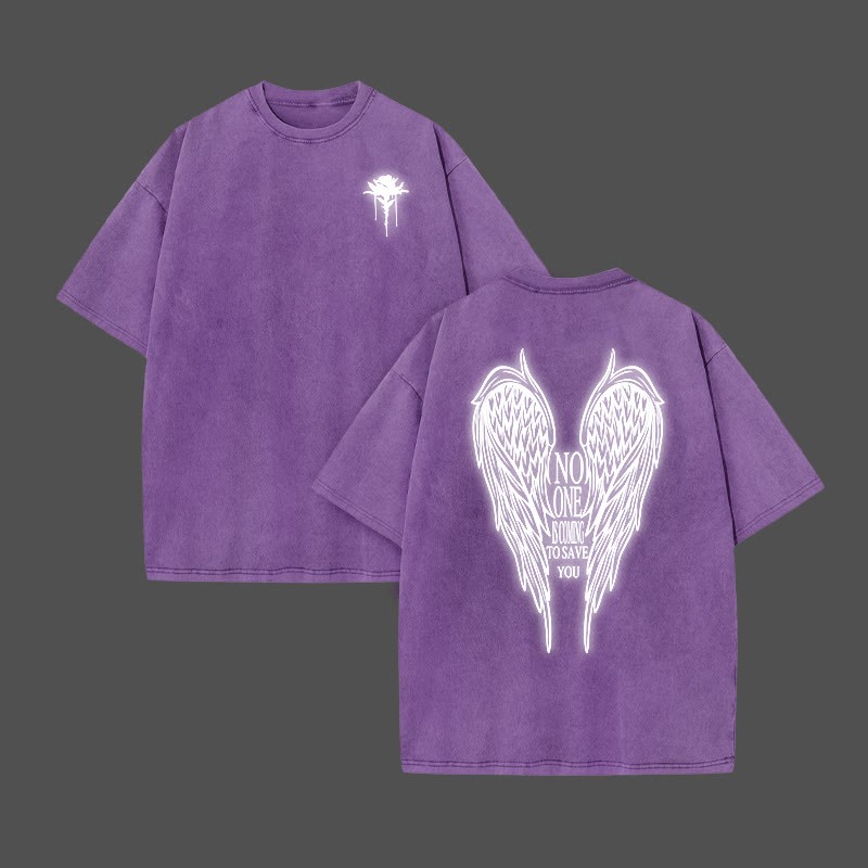 No One Is Coming To Save You Reflective Print Acid Washed T-shirt - Purple - US20-22(3XL) - image 10