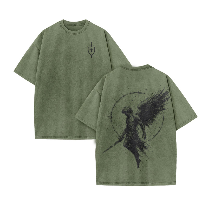 Unisex 100% Cotton Archangel Michael Print Acid Washed T-shirt - Army Green - US20-22(3XL) - image 9