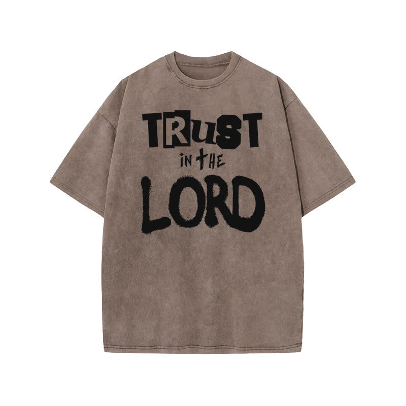 Unisex 100% Cotton Trust In The Lord Print Acid Washed T-shirt - Coffee - US20-22(3XL) - image 3