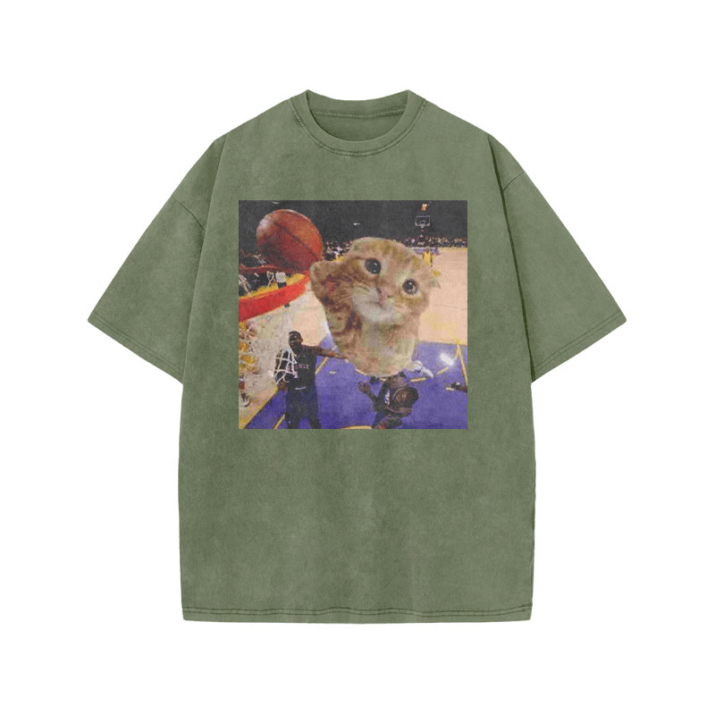 Orange Cats Playing Basketball Print Acid Washed T-shirt - Army Green - US20-22(3XL) - image 5