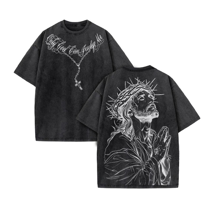Unisex 100% Cotton Only God Can Judge Me Print Acid Washed T-shirt - Black - US20-22(3XL) - image 4