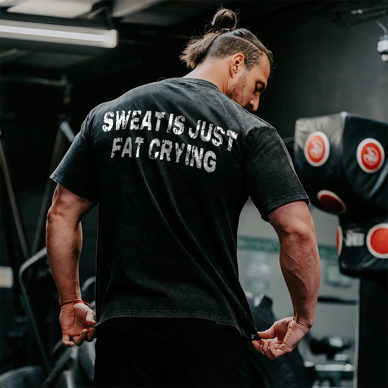 100% Cotton Sweat Is Just Fat Crying Gym Print Acid Washed T-shirt - image 3