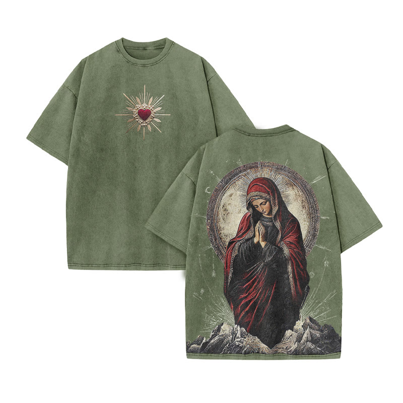 Virgin Mary Religious Streetwear Print Acid Washed T-shirt - Army Green - US20-22(3XL) - image 6