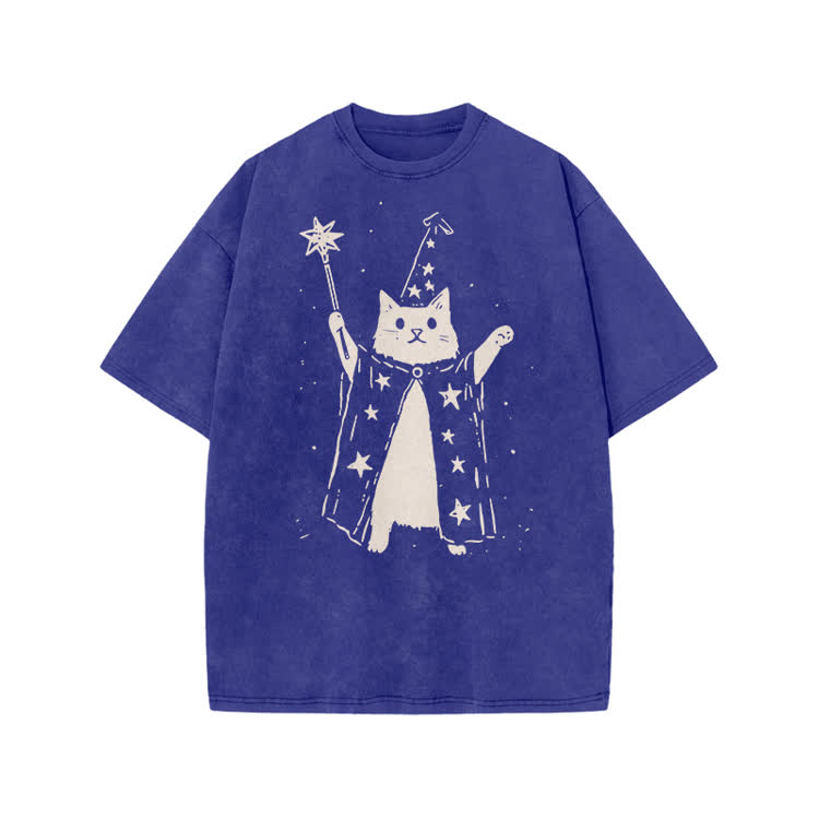 Vintage Wizard Cat Graphic Print Acid Washed T-shirt - Blue - US20-22(3XL) - image 8