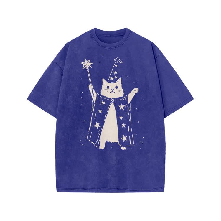 Vintage Wizard Cat Graphic Print Acid Washed T-shirt - Blue - US20-22(3XL) - image 8