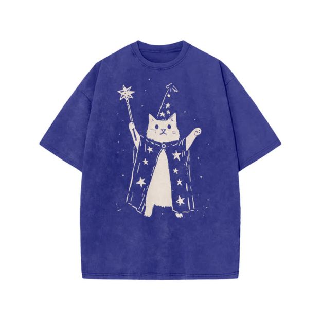 Vintage Wizard Cat Graphic Print Acid Washed T-shirt - Blue - US20-22(3XL) - image 8