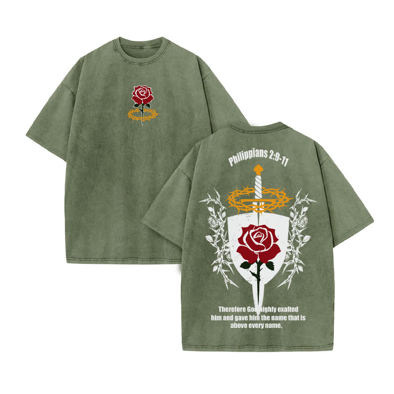 Unisex 100% Cotton Philippians 2:9-11 Print Acid Washed T-shirt - Army Green - US20-22(3XL) - image 6