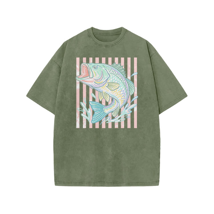 Vintage Bass Fish Graphic Print Acid Washed T-shirt - Army Green - US20-22(3XL) - image 9