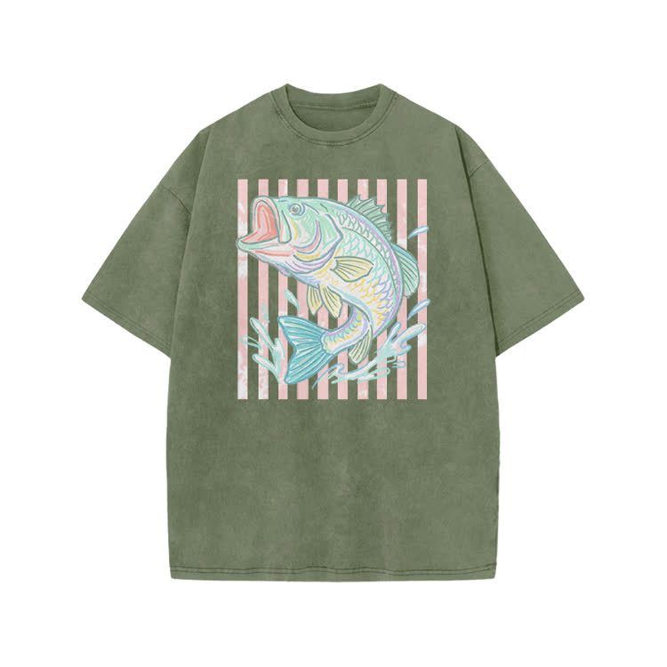Vintage Bass Fish Graphic Print Acid Washed T-shirt - Army Green - US20-22(3XL) - image 9