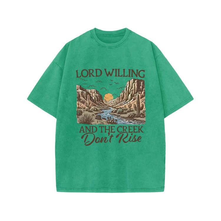 Lord Willing And The Creek Don't Rise Western Style Print Acid Washed T-shirt - Green - US20-22(3XL) - image 6