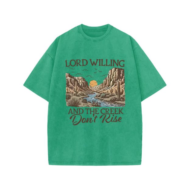 Lord Willing And The Creek Don't Rise Western Style Print Acid Washed T-shirt - Green - US20-22(3XL) - image 6