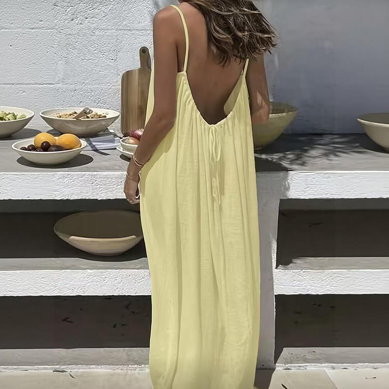 Loose Solid Color Adjustable Tie Strap Vacation Dress - Light Yellow - 5XL - image 10