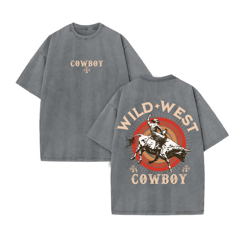 Unisex 100% Cotton Wild Western Style Print Acid Washed T-shirt