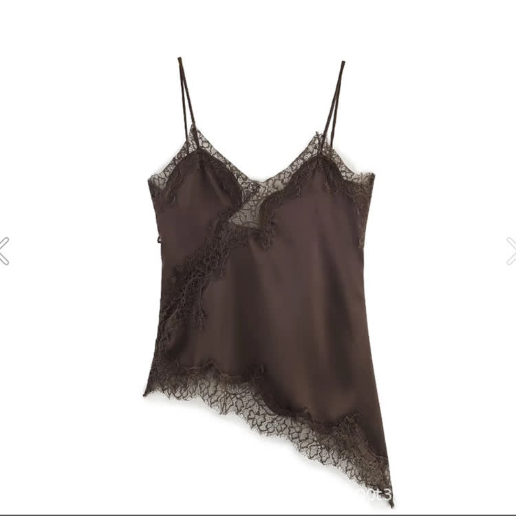 Spaghetti Strap Tank Top With Lace Spliced Irregular Hem - Brown - US12(L) - image 7