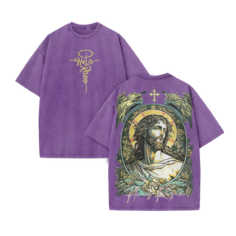 He Is Risen Jesus Print Acid Washed T-shirt - Purple - US20-22(3XL) - image 10