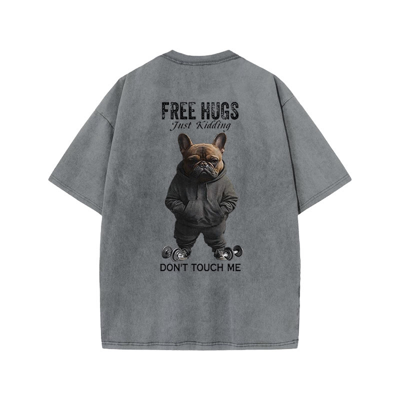 100% Cotton FREE HUGS Gym Print Acid Washed T-shirt - Grey - US20-22(3XL) - image 4