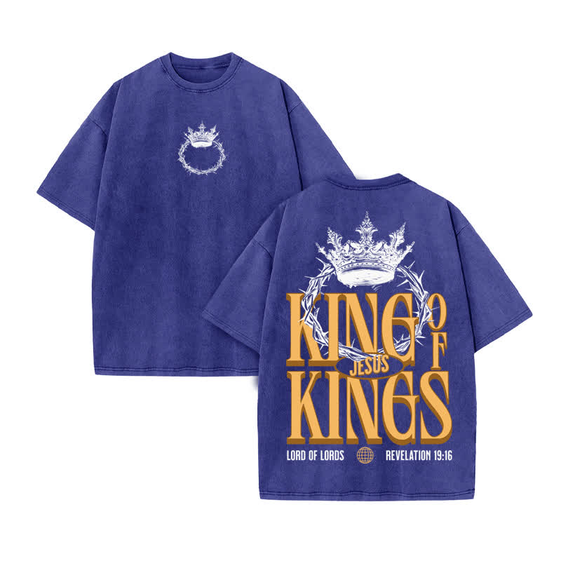 Unisex 100% Cotton JESUS IS KING OF KINGS Print Acid Washed T-shirt - Blue - US20-22(3XL) - image 10