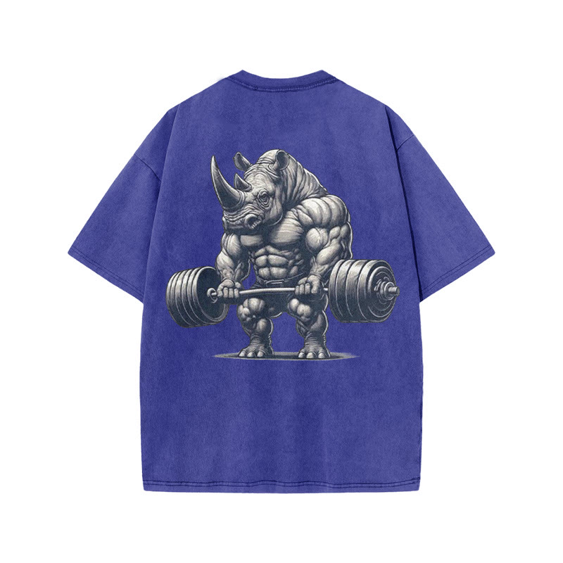 100% Cotton Lifting Strong Rhinoceros Gym Print Acid Washed T-shirt - Blue - US20-22(3XL) - image 7