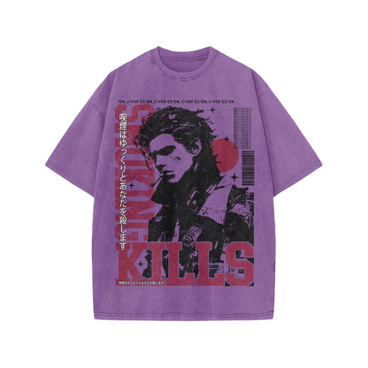 Vintage Smoking Kills Artwork Graphic Print Acid Washed T-Shirt - Purple - US20-22(3XL) - image 9