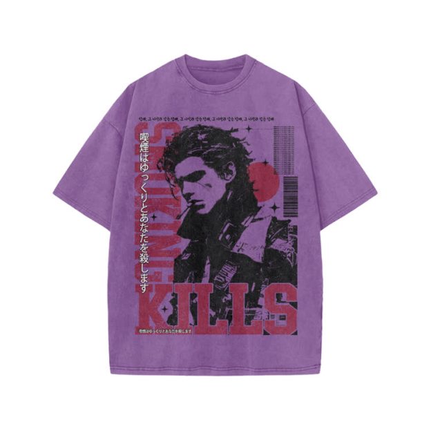 Vintage Smoking Kills Artwork Graphic Print Acid Washed T-Shirt - Purple - US20-22(3XL) - image 9