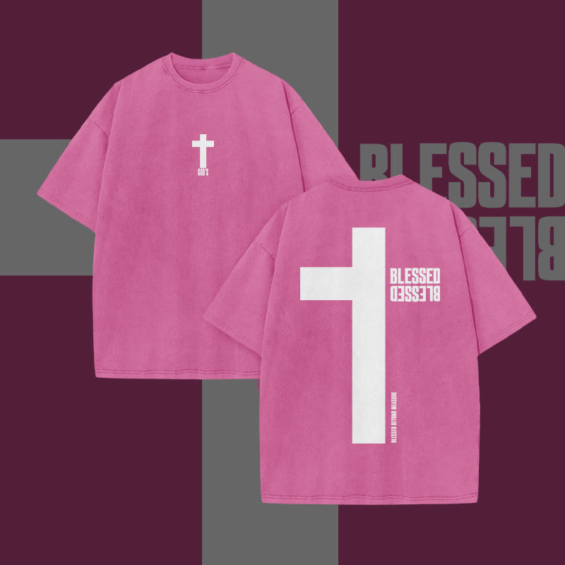 Reflective Blessed Cross Print Acid Washed T-shirt