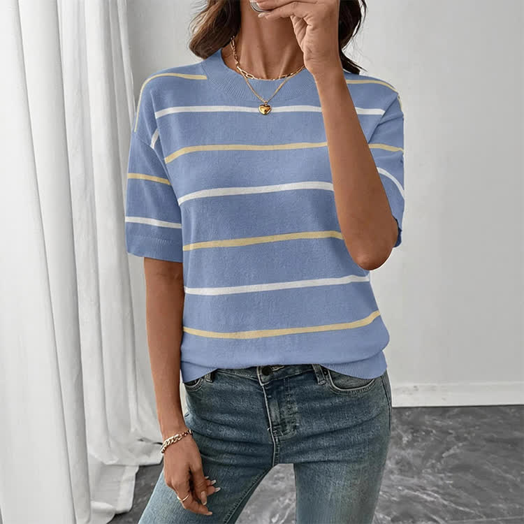 Casual Striped Crew Neck Knit T-shirt - Blue - US16-18(2XL) - image 7