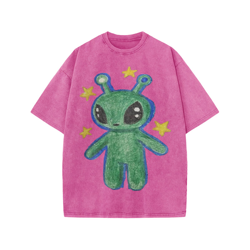 Cute Alien Print Acid Washed T-shirt - Pink - US20-22(3XL) - image 8