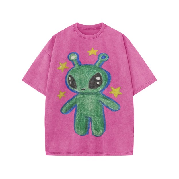 Cute Alien Print Acid Washed T-shirt - Pink - US20-22(3XL) - image 8