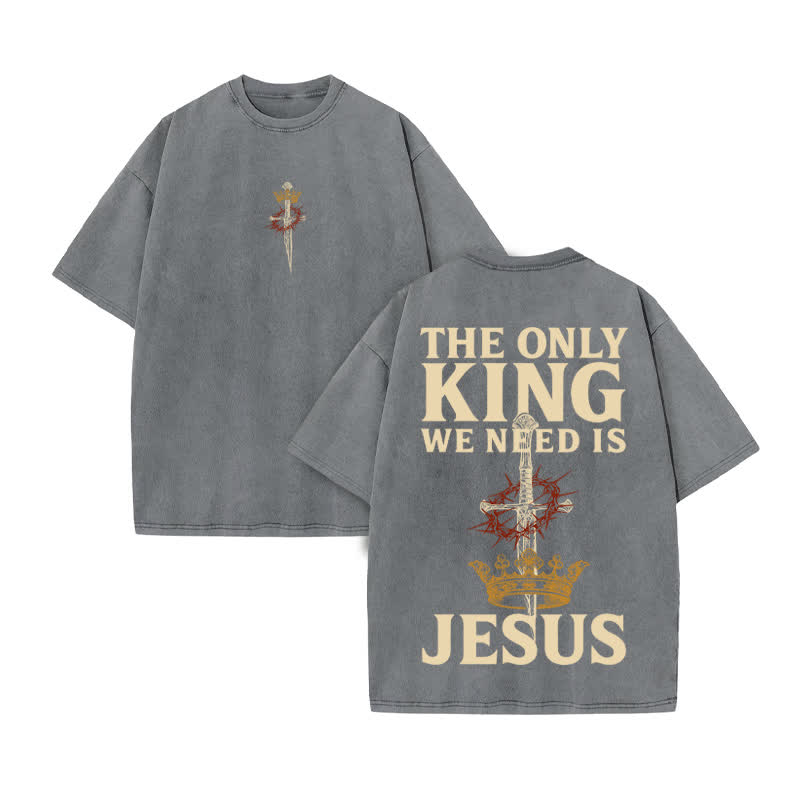 Unisex 100% Cotton JESUS IS THE ONLY KING Print Acid Washed T-shirt - Grey - US20-22(3XL) - image 5