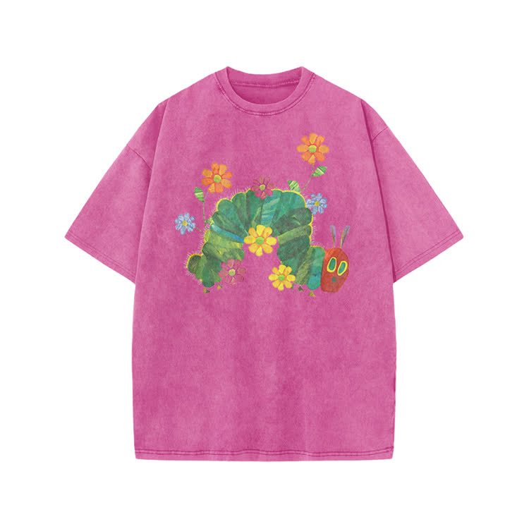 Playful Cartoon Floral Graphic Print Acid Washed T-Shirt - Pink - US20-22(3XL) - image 8