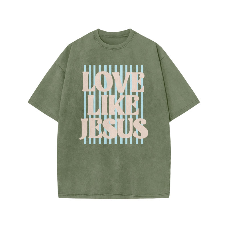 Unisex 100% Cotton Love Like Jesus print Acid Washed T-shirt - Army Green - US20-22(3XL) - image 8