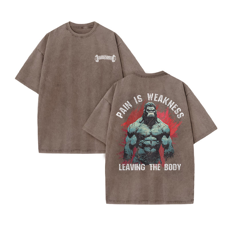 100% Cotton Pain Is  Weakness Leaving The Body Gym Print Acid Washed T-shirt - Coffee - US20-22(3XL) - image 7