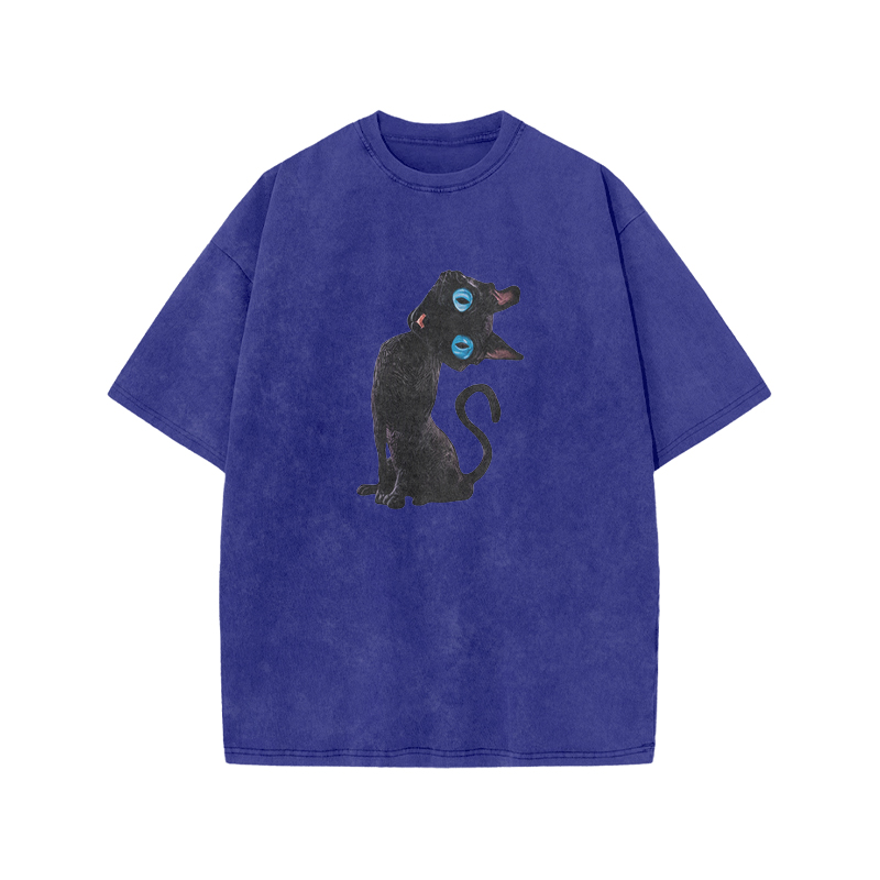 Vintage Black Cat Graphic Acid Washed T Shirt - Blue - US20-22(3XL) - image 6