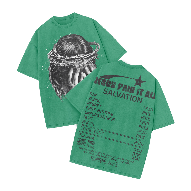 Jesus Paid It All Star Print Acid Washed T-shirt - Green - US20-22(3XL) - image 5