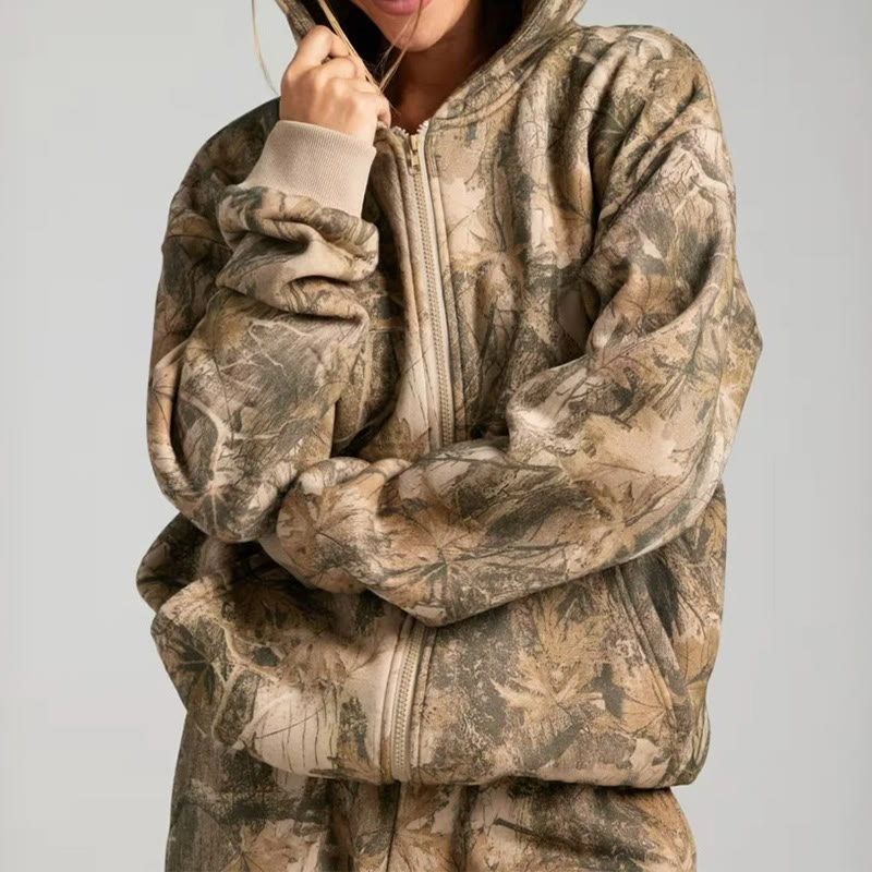 Dead Leaves Camouflage Print Long Sleeve Zipper Hoodie - image 9