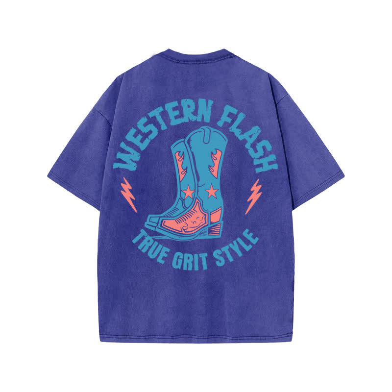 Unisex Western Flash True Grit Style Print Acid Washed T-shirt - Blue - US20-22(3XL) - image 8