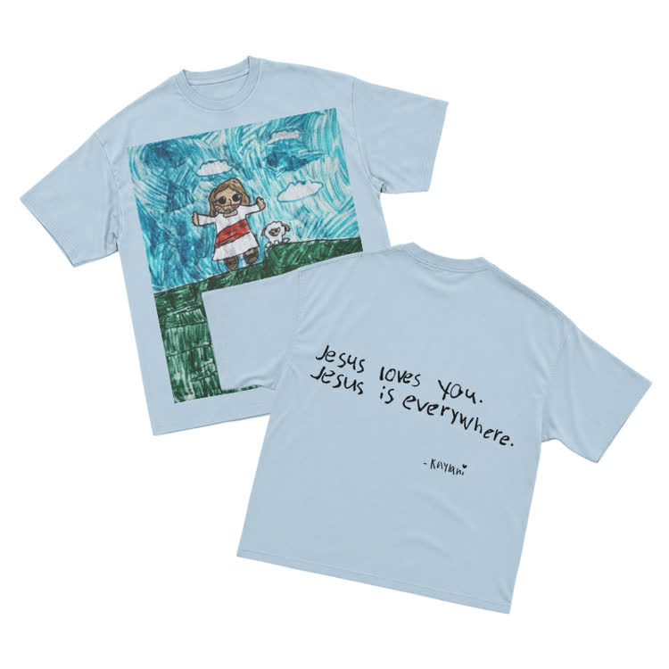 Vintage Inspired Childlike Art Graphic T-Shirt - Light Blue - US16-18(2XL) - image 6