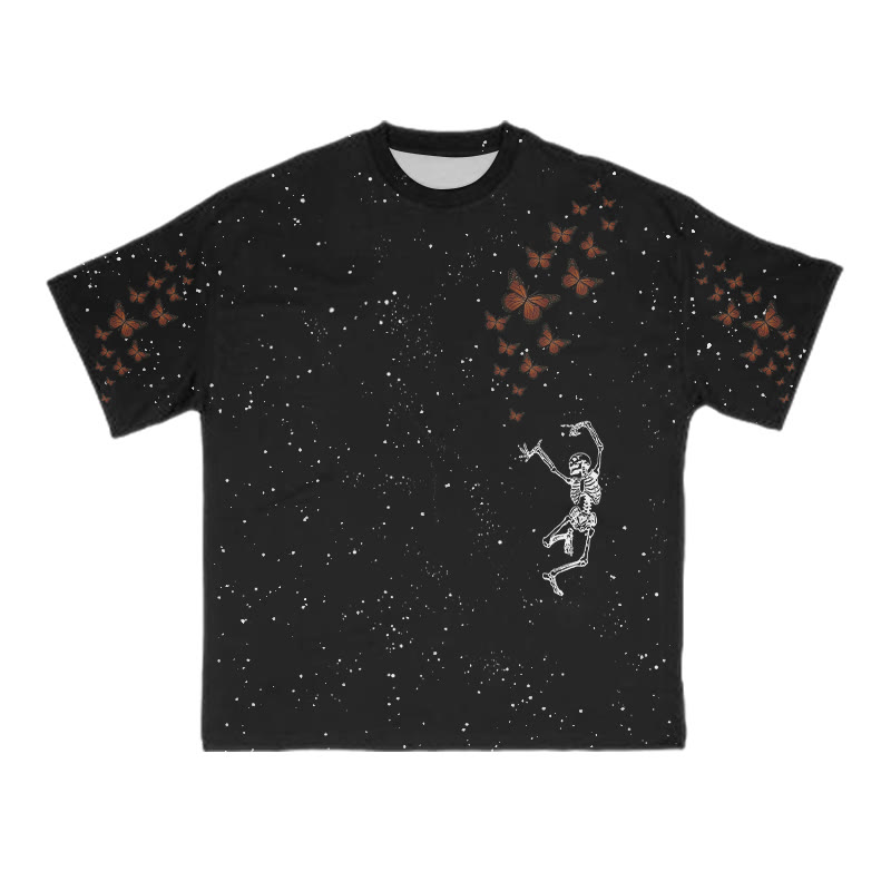 Unisex Dancing Skeleton Butterfly Print T-shirt - Black - 8XL - image 3