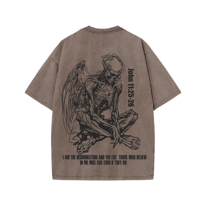 Unisex John 11:25-26 Print Acid Washed T-shirt - Coffee - US20-22(3XL) - image 3