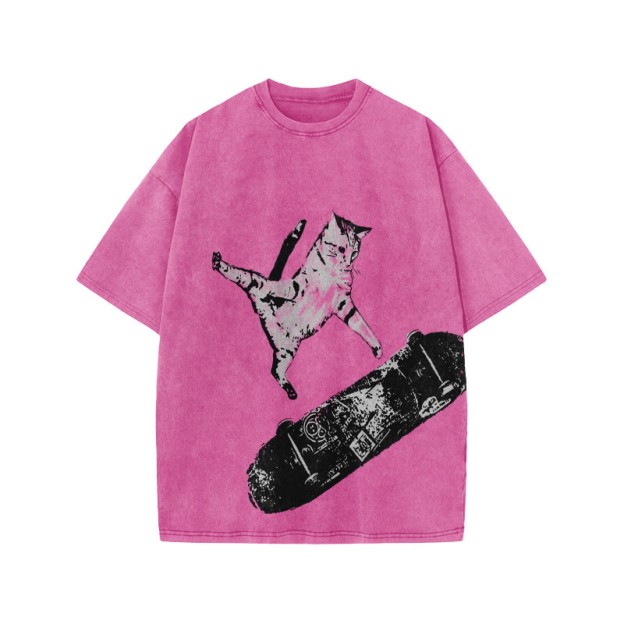 Unisex 100% Cotton Street Skate Cat Print Acid Washed T-shirt - Pink - US20-22(3XL) - image 7