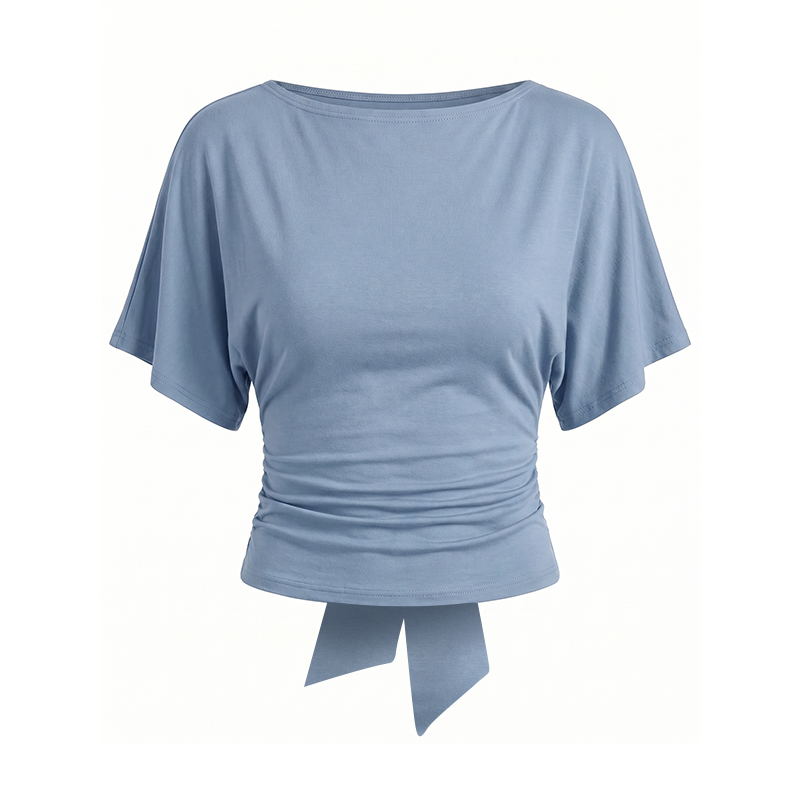 Solid Color Tie Waist Slim Fit T-shirt - Blue - US20-22(2XL) - image 3