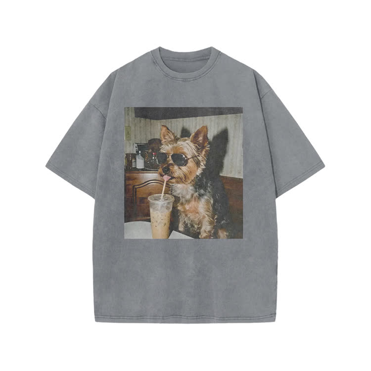 Vintage Dog Coffee Graphic Print Acid Washed T-shirt - Grey - US20-22(3XL) - image 4